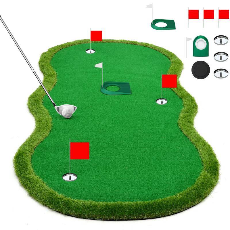 Indoor/Outdoor Putting Green Mat with Stainless Steel Challenge Cups & Slope Design for Practice - 5x10 ft