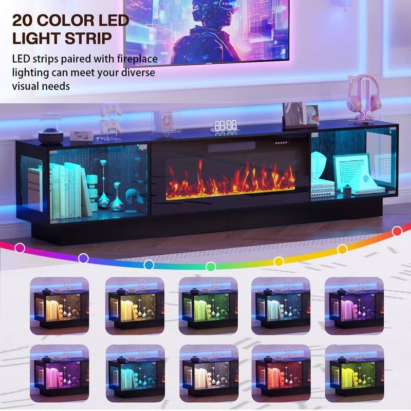 BOSSIN 80" Fireplace TV Stand with Adjustable LED Lights, Modern Entertainment Center with Glass Door Storage Cabinet, Black