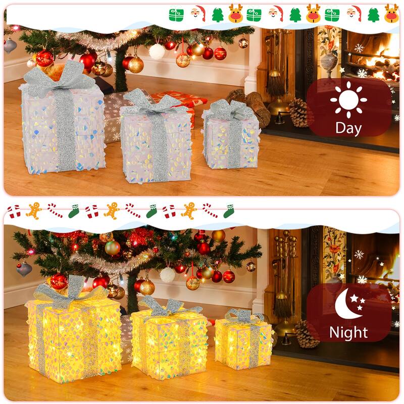 Gymax 3 PCS Christmas Lighted Gift Boxes w/ 90 LED Lights Zip Ties