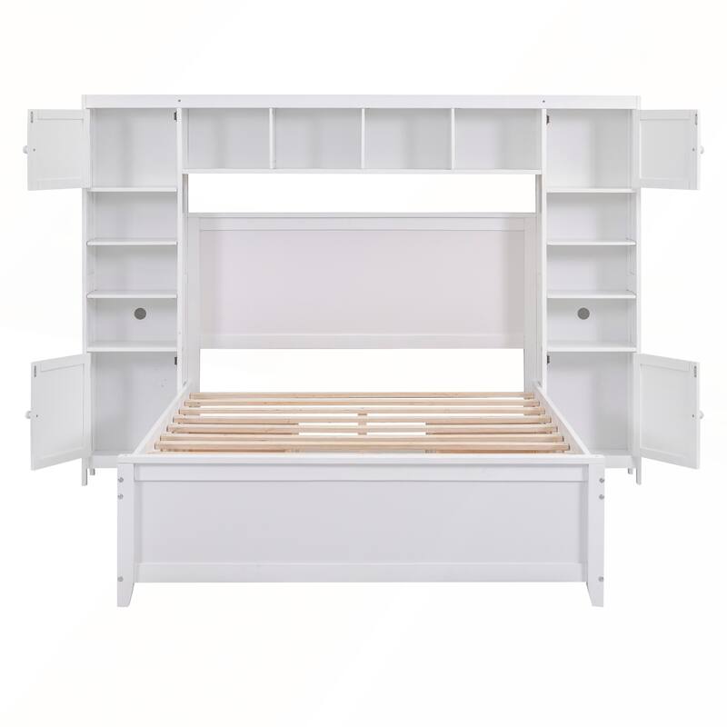 Full Size Wooden Bed With All-in-One Cabinet and Shelf