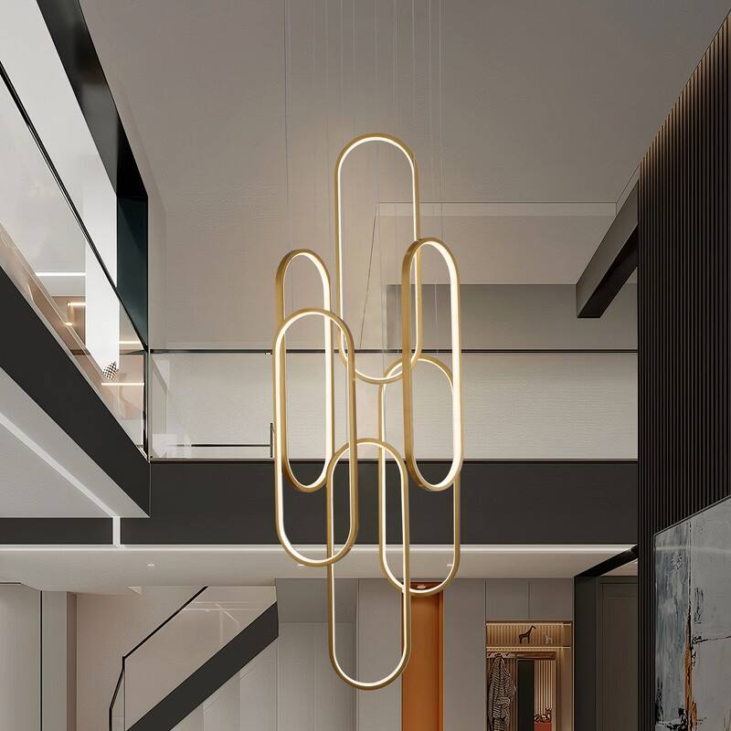 6 Rings Modern Chandelier, LED Black Large Contemporary Light for Staircase, Dimmable High Ceiling Chandeliers - 23.62*7.87in - Gold