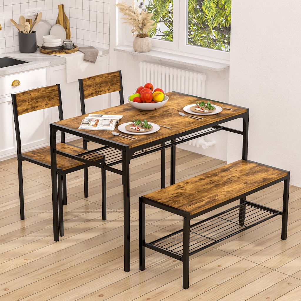 VECELO 43.3" Dining Table Set with Bench, Kitchen Table for 4, Modern Metal Frame Dining Furniture Set for Small Space