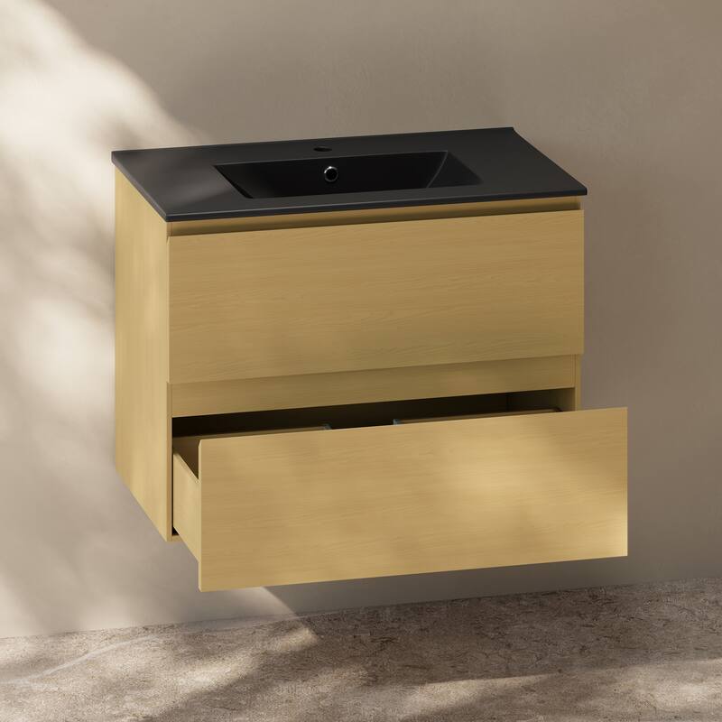 Liberte 30" Wall-Mounted Bathroom Vanity In Natural Oak With Black Sink Top - 30