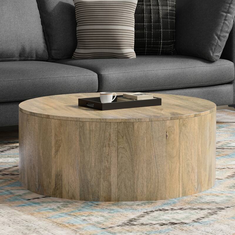 WYNDENHALL Hillmount SOLID MANGO WOOD 36 inch Wide Round Contemporary Drum Coffee Table & Fully Assembled - 36"d x 36" w x 14"h - Briarsmoke