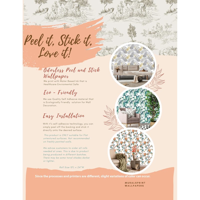 Floral Hummingbirds Vinyl-coated Removable Wallpaper - 24'' inch x 10'ft