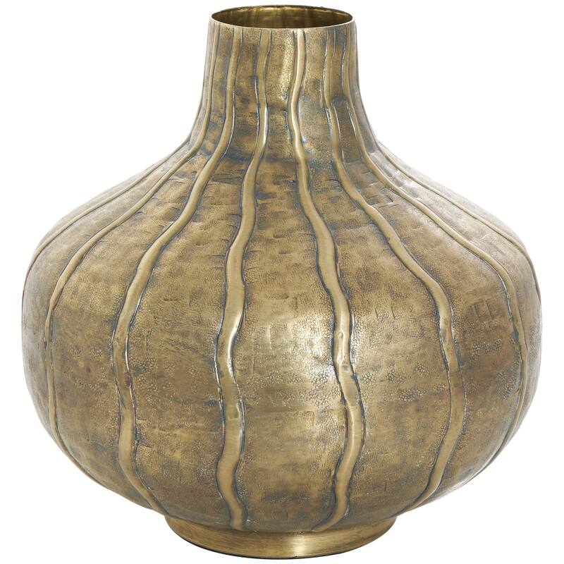 Metal Wide Snakeskin Inspired Decorative Vase with Dimensional Wavy Accents - Brass - Roche River Decor - Brass