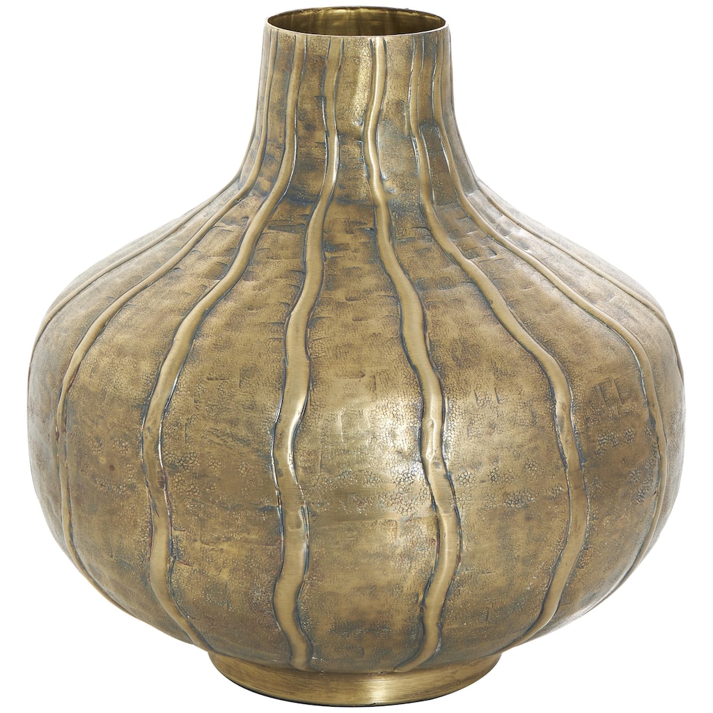 Metal Wide Snakeskin Inspired Decorative Vase with Dimensional Wavy Accents - Brass - Roche River Decor
