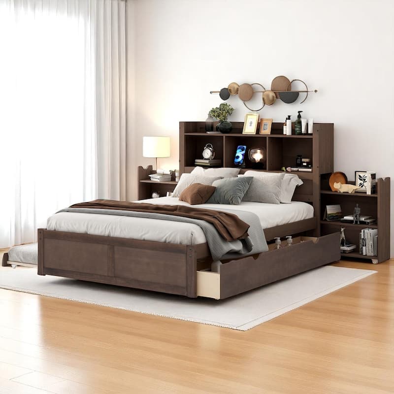 Full Storage Bed with Trundle, Headboard Shelves, USB Charging Port & 2 Drawers, Pine Wood Frame