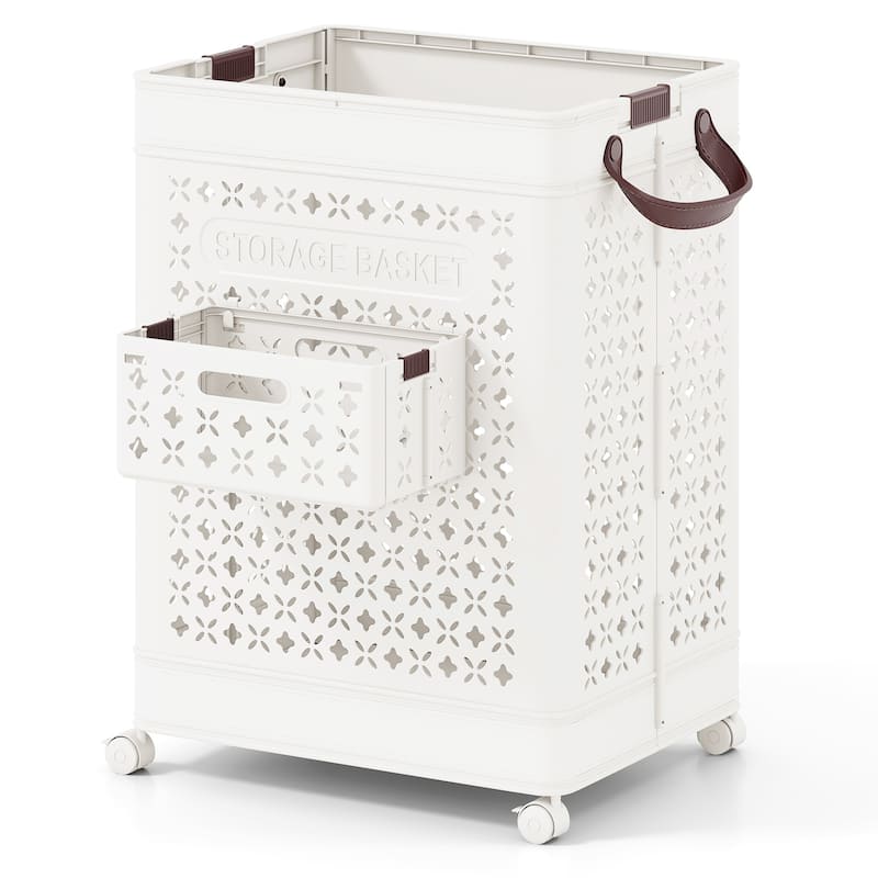 White 20 Gallon Large Capacity Foldable Laundry Clothes Basket with Wheels and Small Hanging Bin - 17" x 13.5" x 24"