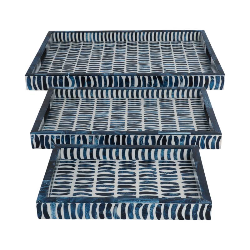 Resin Wood Decorative Trays with Inlay Pieces (Set of 3) - 2" Blue - 24" x 15" x 2" - Blue/ White - 24" x 15" x 2"