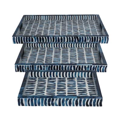 Resin Wood Decorative Trays with Inlay Pieces (Set of 3) - 2" Blue - 24" x 15" x 2"