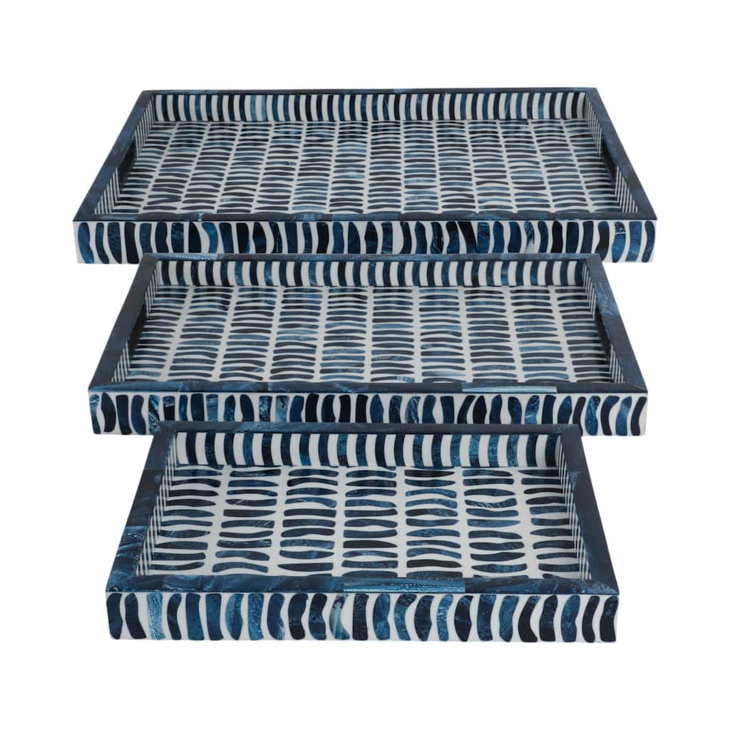 Resin Wood Decorative Trays with Inlay Pieces (Set of 3) - 2" Blue - 24" x 15" x 2"