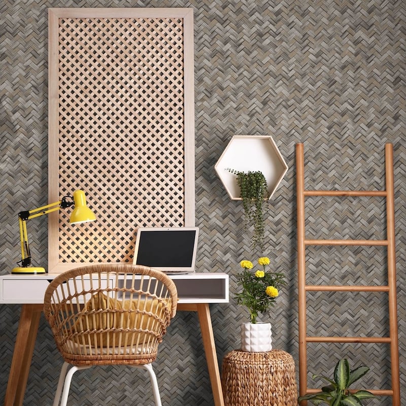 Braided Geometric Pattern Jute Basket Weave Chevron Wallpaper - Brown