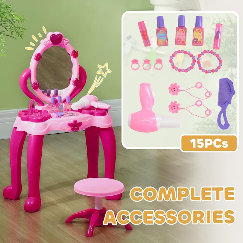 Kids Vanity Table Set with Light and Sound Mirror Stool Accessories for Girls Ages 3-6 Pink Polypropylene ABS Acrylic