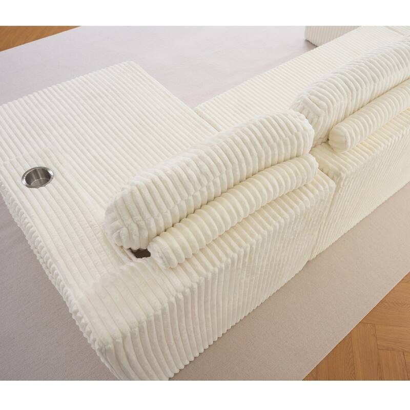 130" U-Shaped Corduroy Sectional Sofa with Cup Holders, No Assembly Required