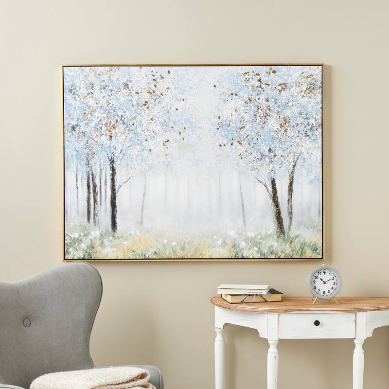 Blue Canvas Forest Landscape Framed Wall Art with Gold Foil Accents - 47"W, 36"H