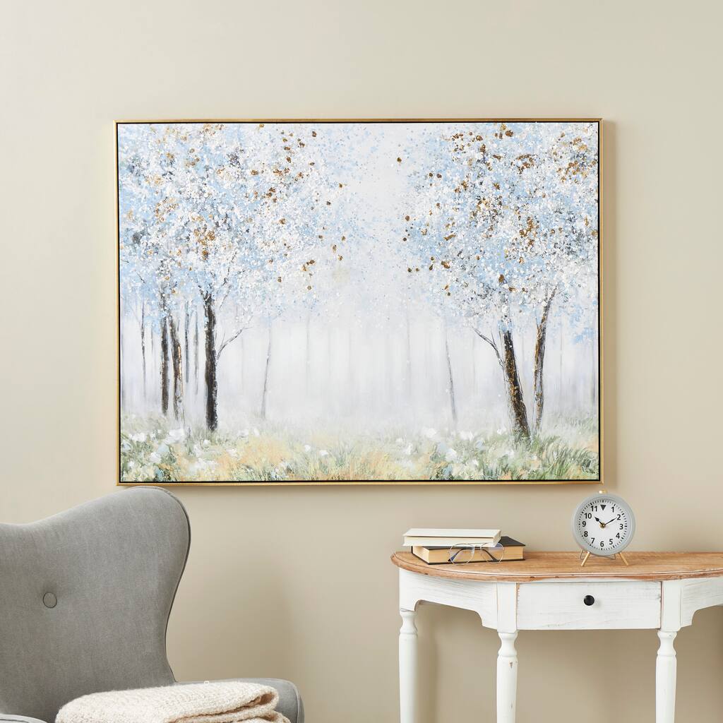 Blue Canvas Forest Landscape Framed Wall Art with Gold Foil Accents
