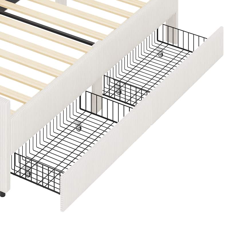 Vertical Lines Upholstered Platform Bed Frame with 2 Storage Drawers, L-Shaped Corduroy Daybed Sofabed
