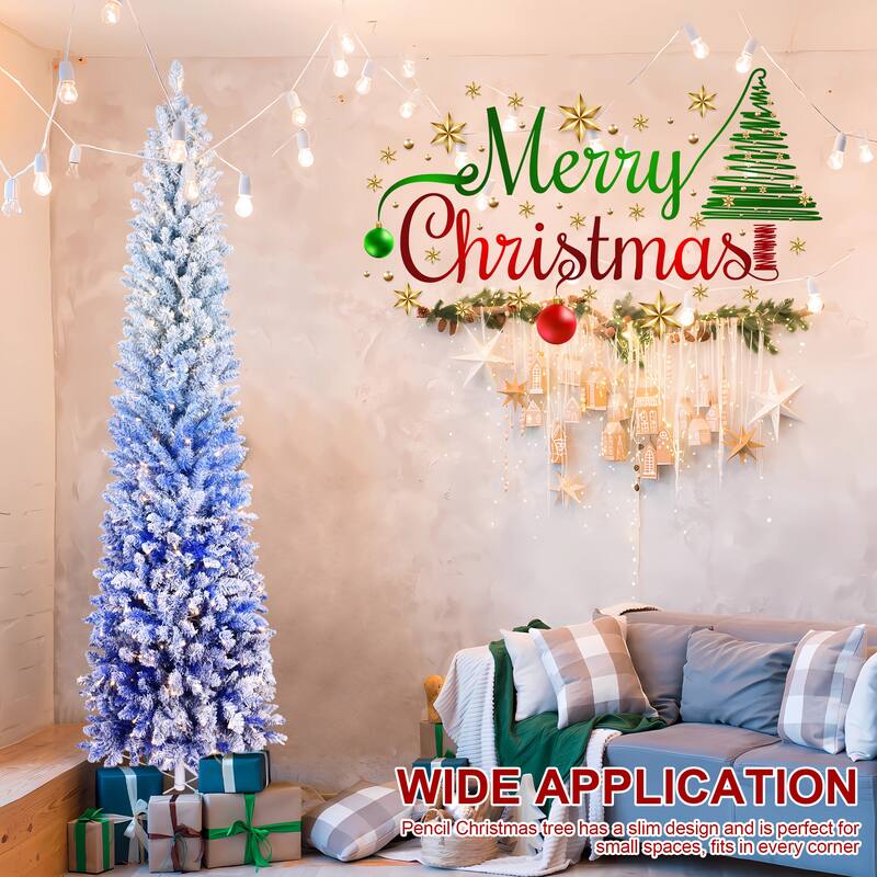 Pre-Lit Flocked Pencil Christmas Tree - Blue Gradient, Warm White LED Lights, Slim Design, Metal Stand