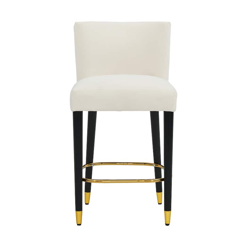 27" Modern Counter Stool with Beige Fabric & Gold Circular Footrest, Sophisticated Luxury Design