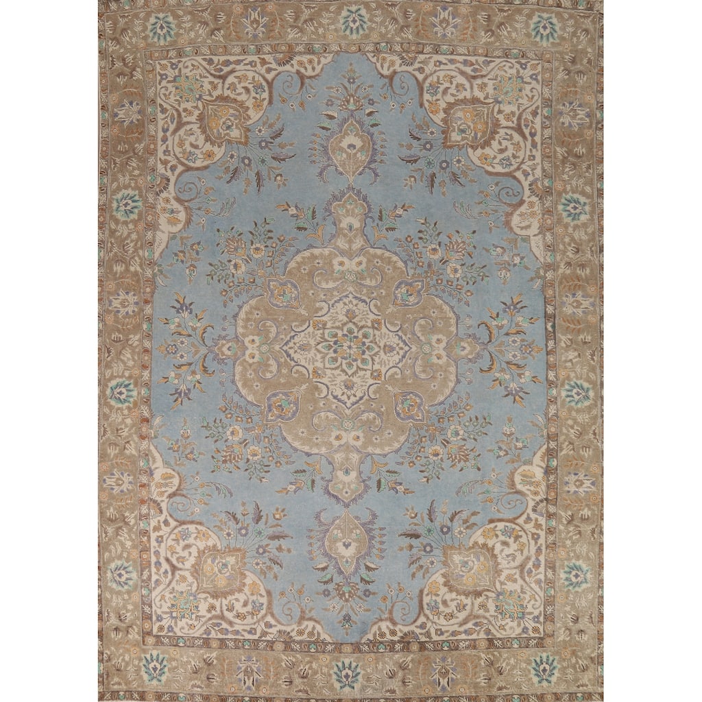 Light Blue Tabriz Persian Rug Traditional Hand-Knotted Wool Carpet - 9'9"x 12'9"