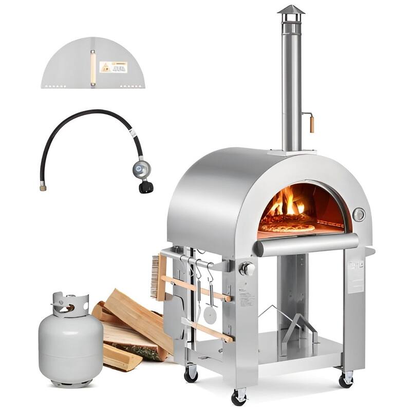 Silver Stainless Steel Outdoor Pizza Oven with Dual Fuel 572℉ High Heat 26-Inch Baking Size - 38.8 x 32.6 x 78.8 in