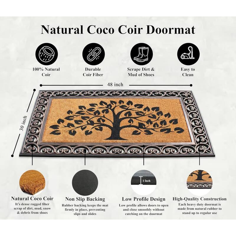 A1HC Natural Coir & Rubber Paisley Border Hand Finished Doormat 30"X48" Tree of Life