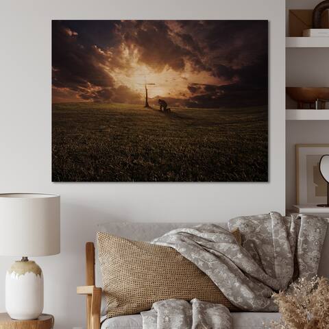 Designart 'Regilious Cross Sunset Landscape' Traditional Wood Wall Art - Natural Pine Wood
