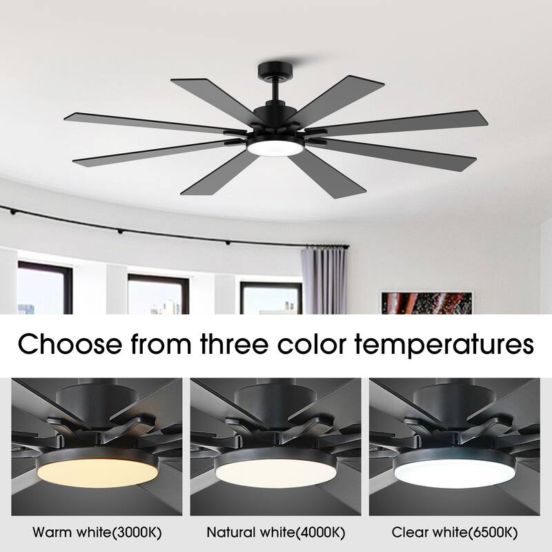 72" Modern Black Large Ceiling Fan with Light, Remote and Bluetooth Control