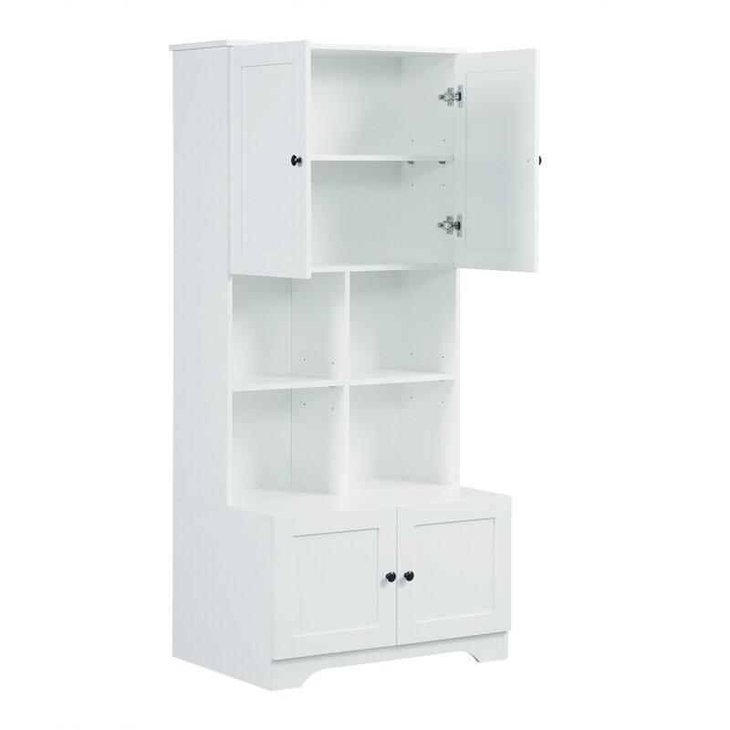 Tall Bathroom Storage Cabinet with 4 Doors, Freestanding Bathroom Storage Unit Floor Cabinet w/Adjustable Shelves & Open Storage