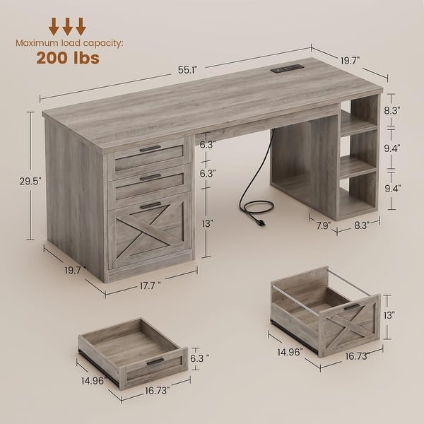 dimension image slide 4 of 30, Farmhouse Executive L Shaped Desk Home Office Desk with Drawers and Storage Cabinet & Power Outlet