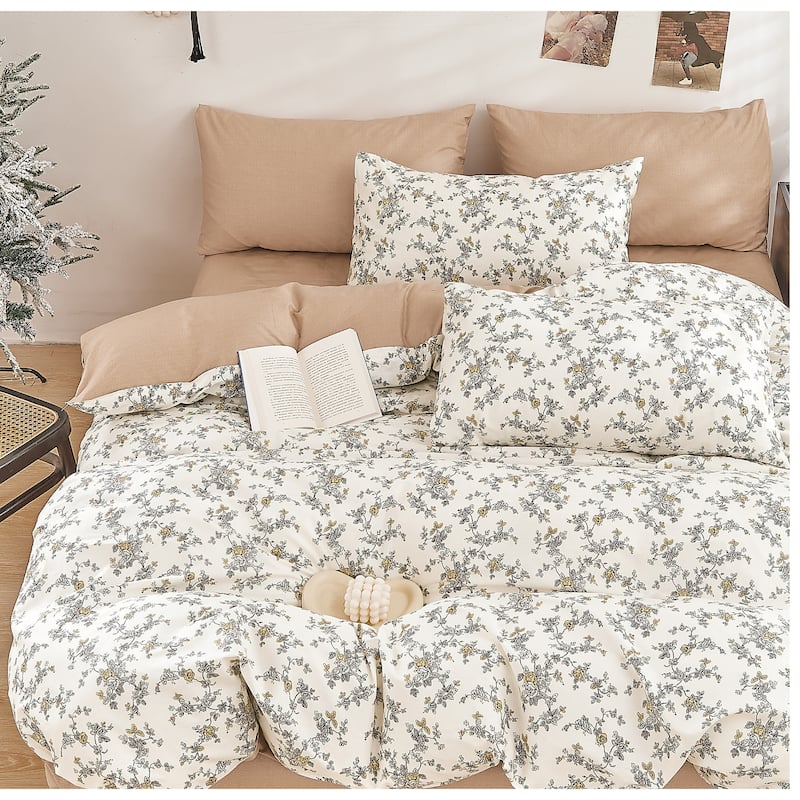 Demi Gray White Floral 100% Cotton Reversible Comforter Set