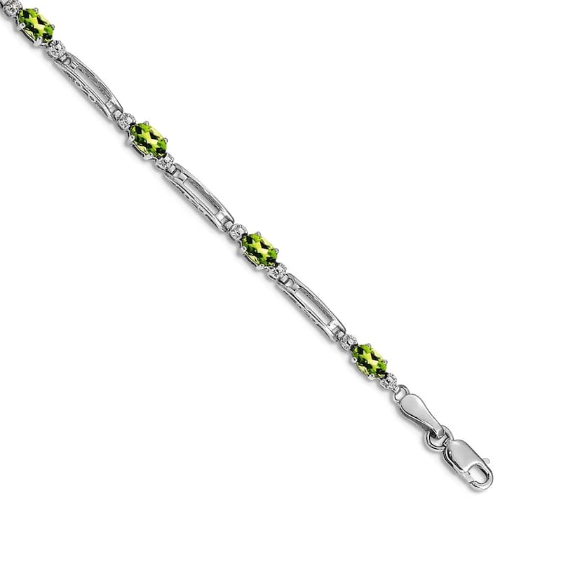 Curata Yellow or White Gold 3.5mm 7" Gemstone and Diamond Bracelet - 10k or 14k - Peridot - 14k - White
