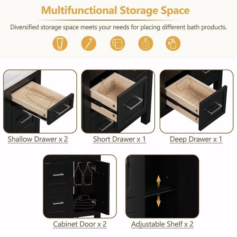 36" Bathroom Vanity with Integrated Resin Sink - 4 Drawers, 2 Doors