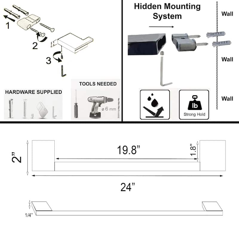 Modern Wall-Mounted 24-Inch Stainless Steel Towel Bar - 24" L x 2" D x 0.8" H