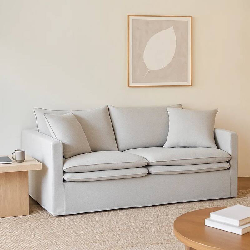Rutu Sofa, 2 Accent Pillows, Light Gray Padded Linen, 84 Inch