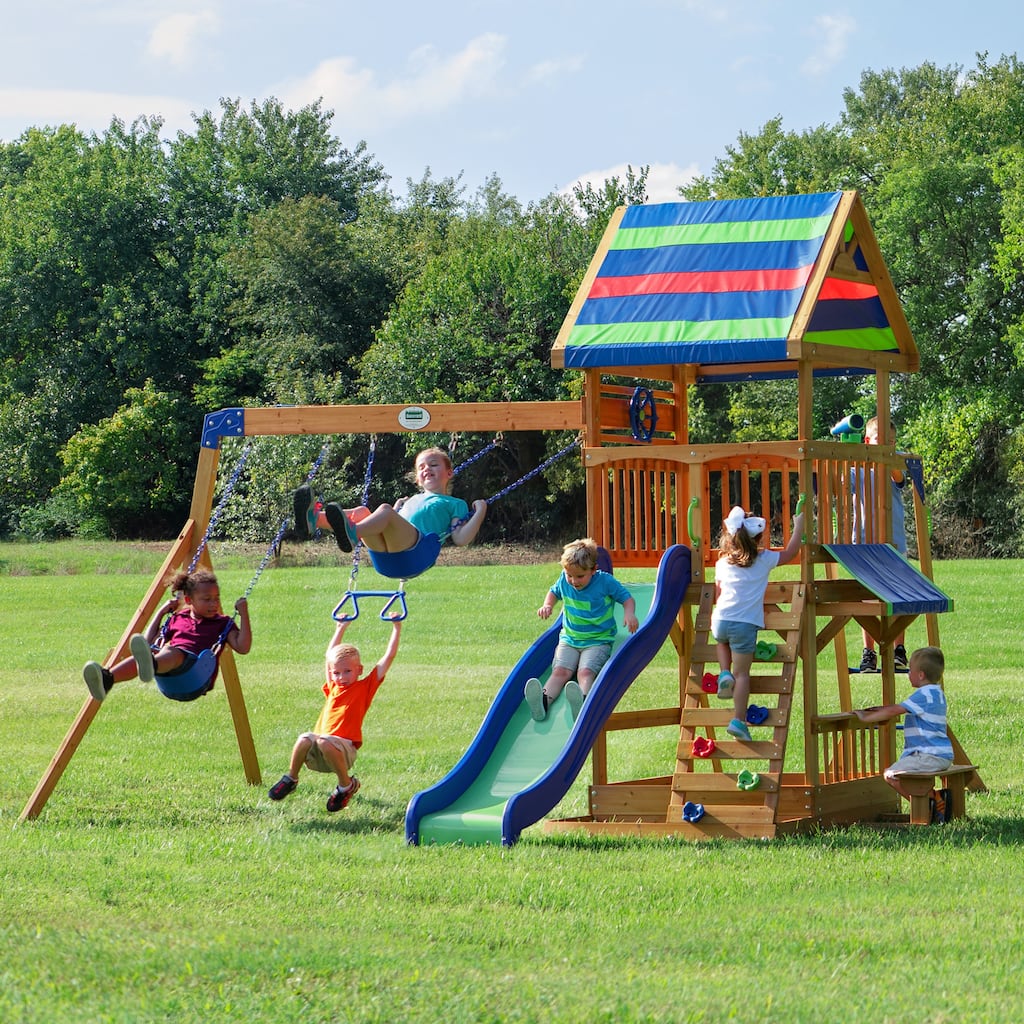 Backyard Discovery Beach Front Cedar Wood Swing Set, Slide, Play Deck - 14'1" x 14'5"