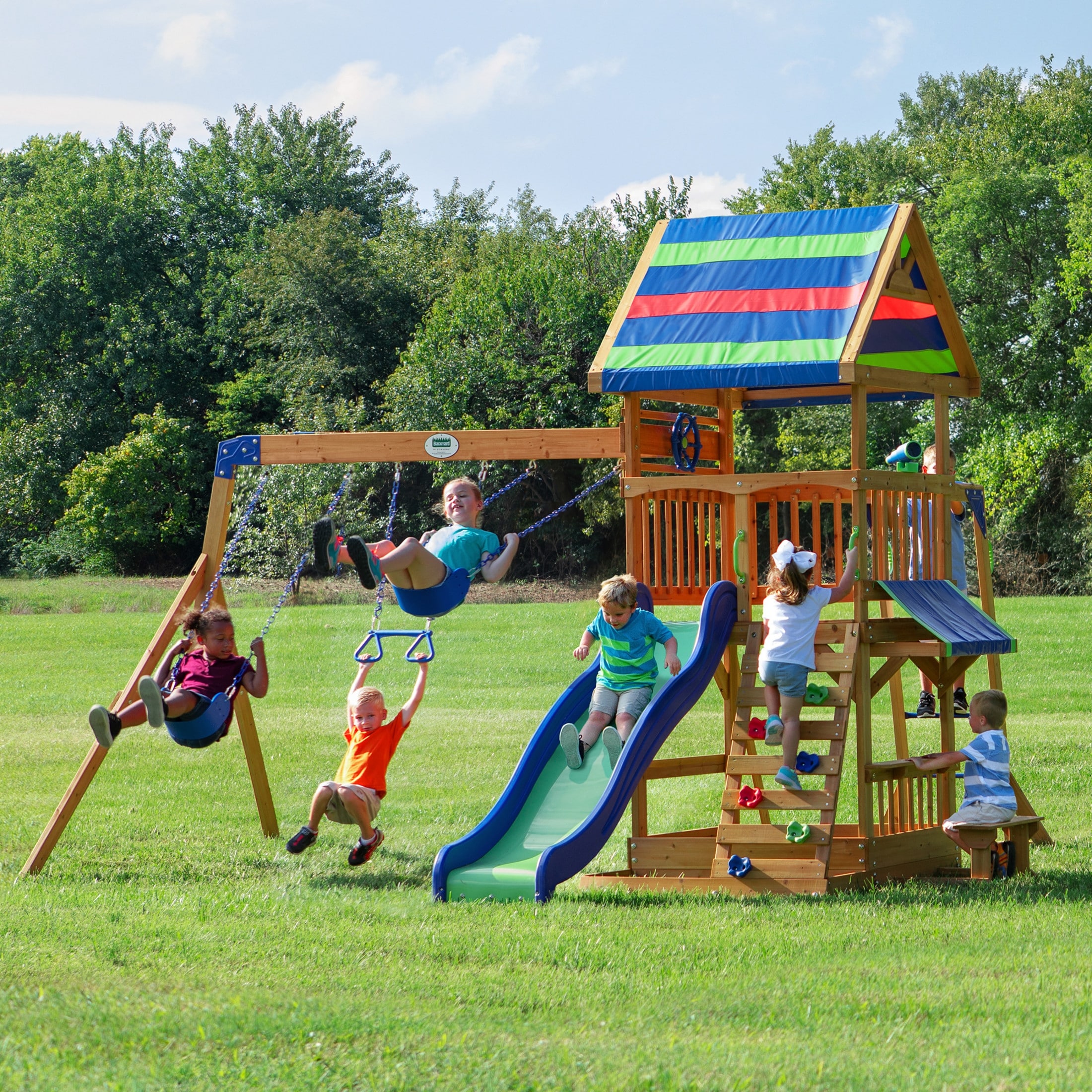 Backyard Discovery Beach Front Cedar Wood Swing Set, Slide, Play Deck - 14'1" x 14'5"