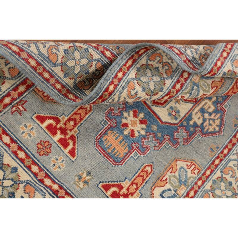 Geometric Blue Kazak Accent Rug Handmade Wool Carpet - 3'3" x 4'11"