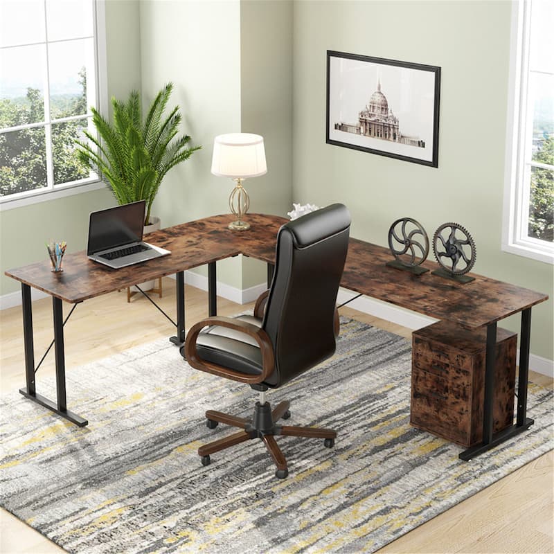 Large Executive Desk with File Cabinet, L Shaped Computer Desk Storage Cabinet