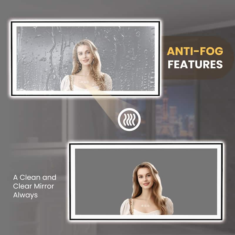 72x36 Inch Frameless LED Bathroom Mirror Smart Dimmable Anti Fog Tempered Glass White