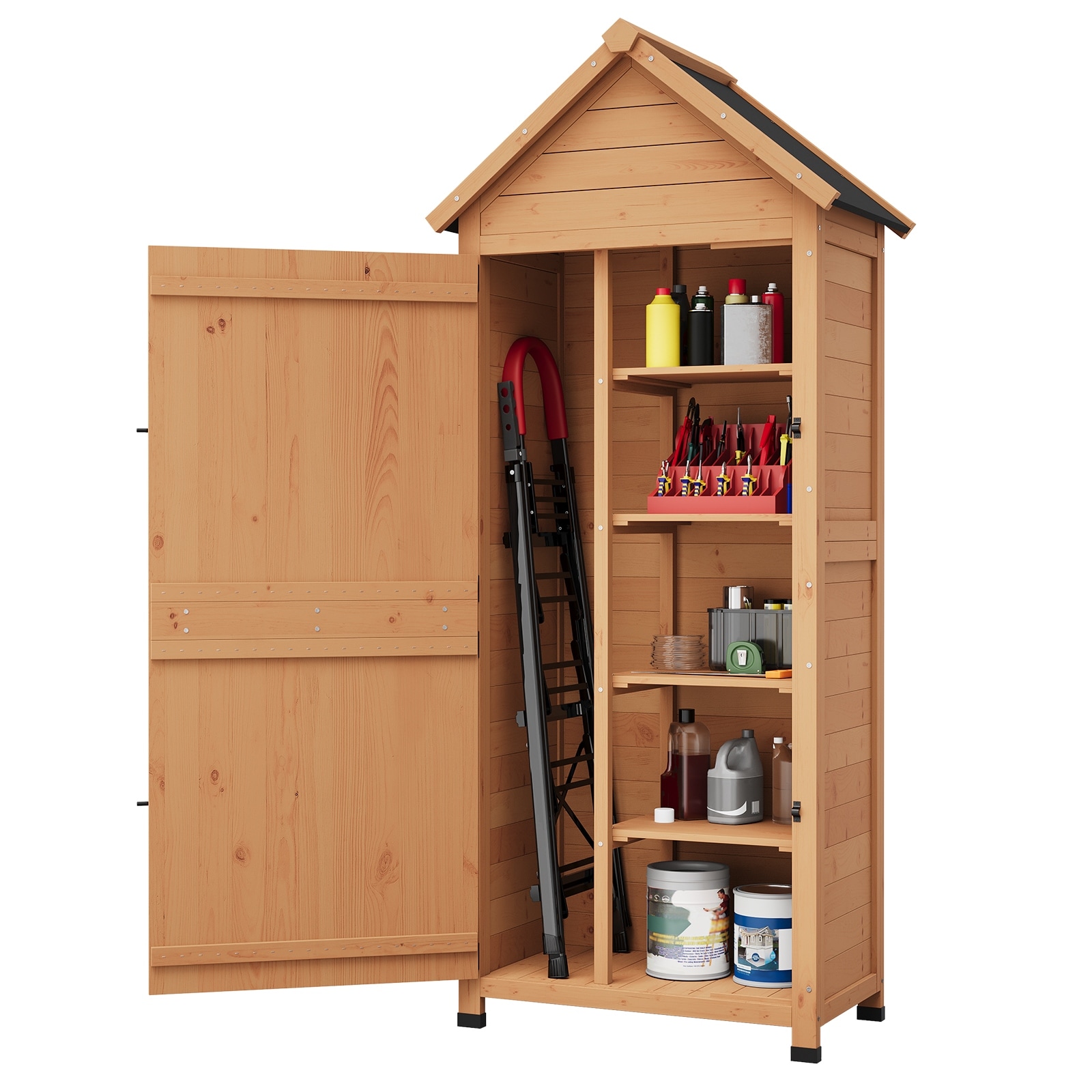 Small Wood Shed Waterproof, 63'' Vertical Outdoor Storage Cabinet with 4 Shelves & Lockable Door