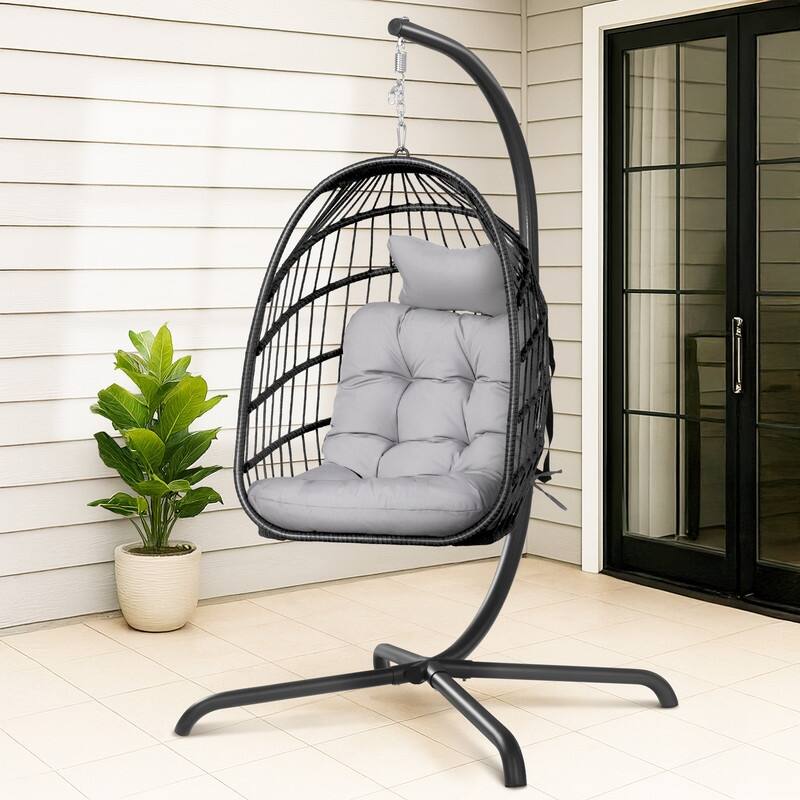 FINCATI Outdoor Oversized Luxury Hanging Egg Chair with Stand, 350 lbs Indoor Egg Swing Chair with Stand, Egg Chair Outdoor - Light Grey