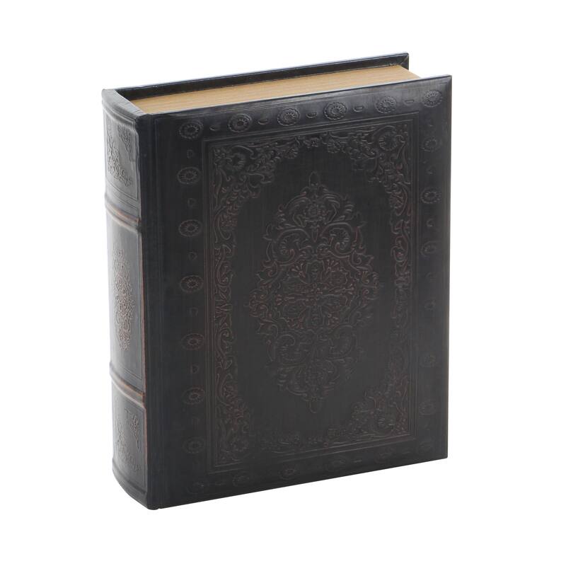 Dark Brown Wooden Faux Storage Book Decorative Box with Faux Leather Detailing (Set of 3)