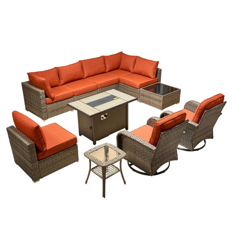 HOOOWOOO 11-piece Wicker Furniture Set Outdoor Sectional Sofa with Fire Pit