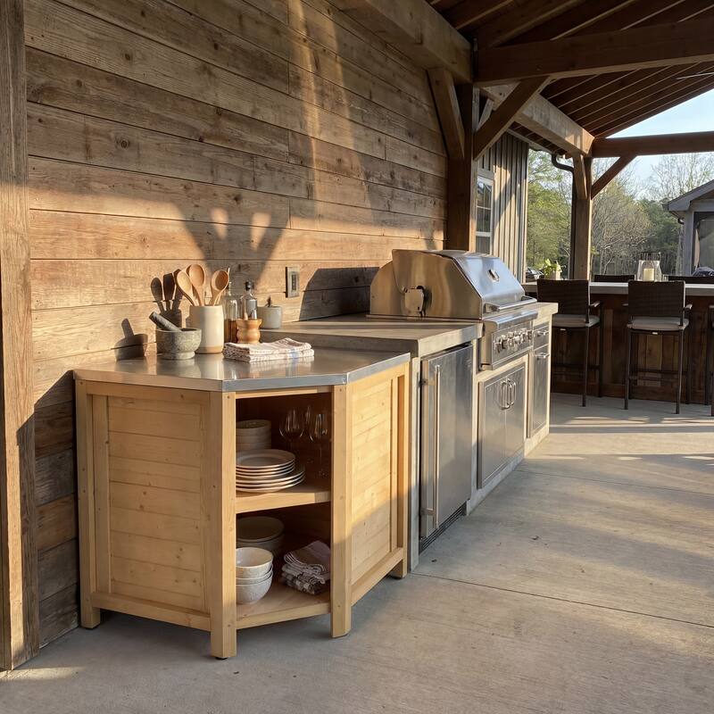 Modular Outdoor Kitchen Island Set, 100% Solid Wood BBQ Cabinet , Patio Kitchen Bar Table