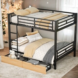 Metal Full Size Convertible Bunk Bed with 2 Drawers, Black