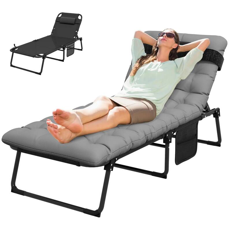 Folding Chaise Lounge Chair, 4 Position Recliner, Pocket, Pillow