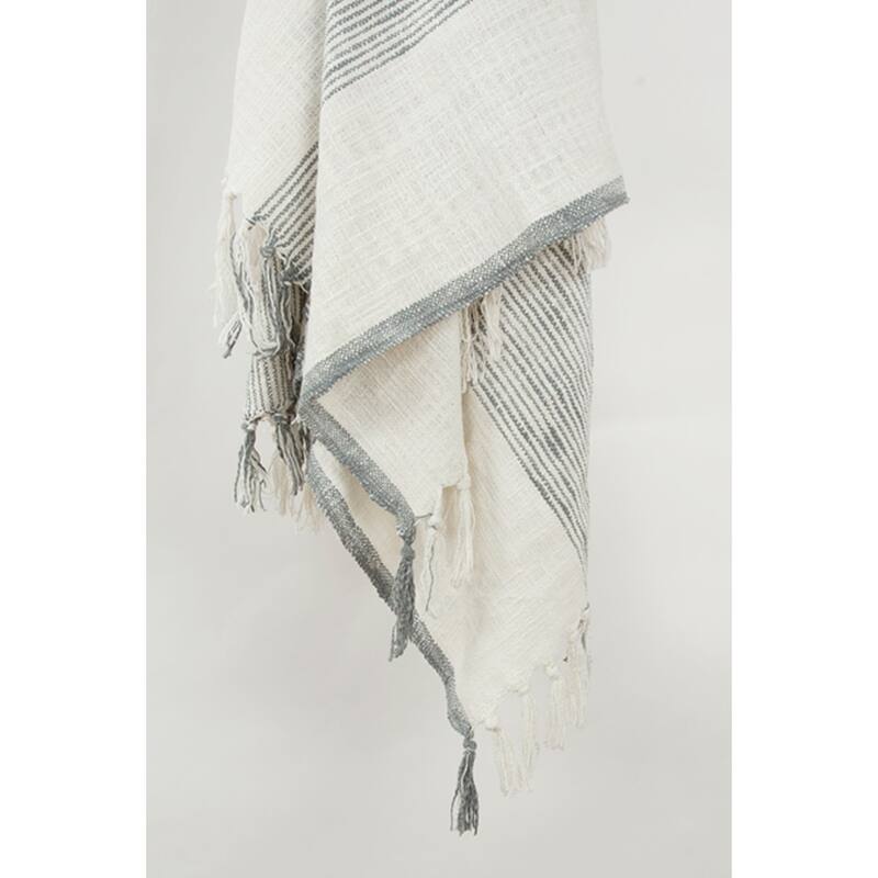HomeRoots 50" X 60" Gray And Ivory Cotton Woven Striped Throw Blanket with Fringe