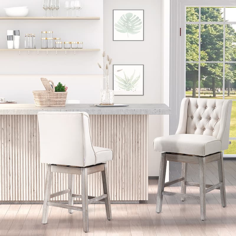 Set of 2 Vintage Swivel Counter Height Bar Stools with Linen Upholstered and Rubber Wood Legs - 18" L x 22.5" W x 39.75" D - Beige